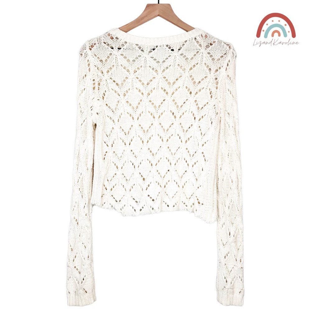 Loft Geo Pointelle Knit Crochet Dristressed Chewed Hem Sweater - Picture 3 of 10